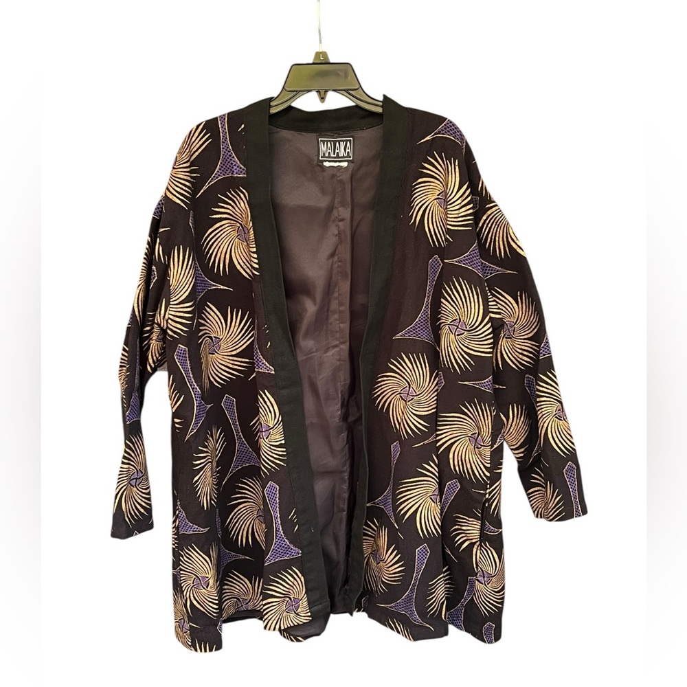 Malaika Black Open Front Jacket Kimono Style Abstract Print Women’s - Preloved